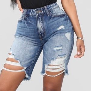 High Waist Distressed Bermuda Denim Shorts